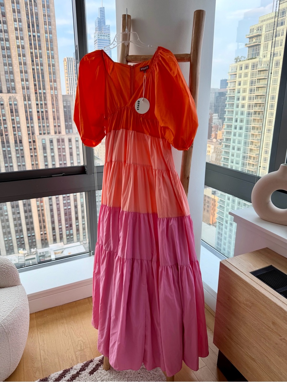 STAUD Vibrant Orange-Pink Colorblock Maxi Dress (NEVER WORN)
